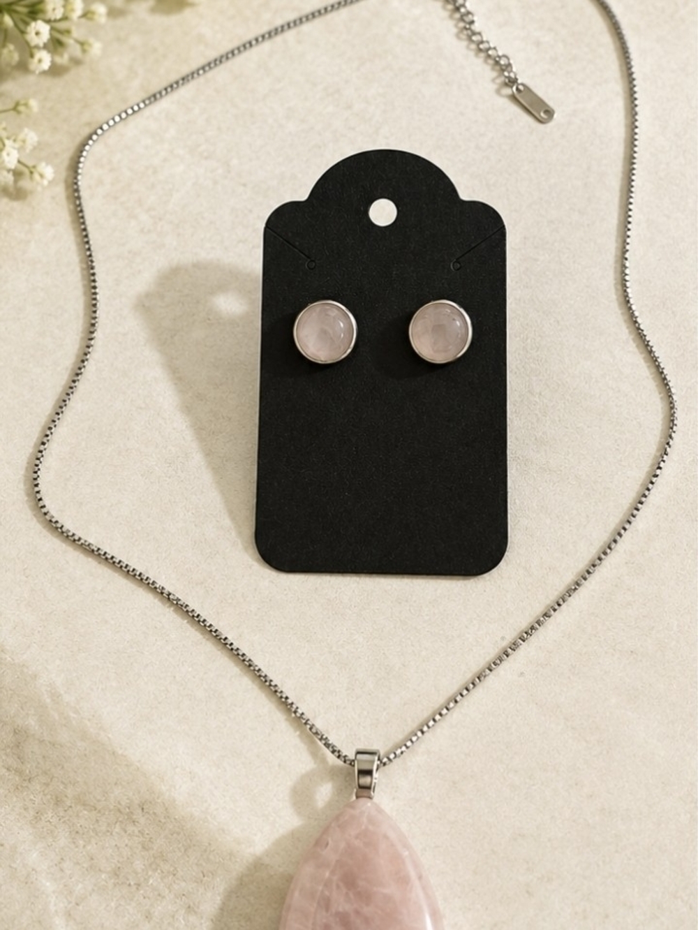 Handmade Rose Quartz Teardrop Necklace & Stud Earrings Set | Stainless Steel